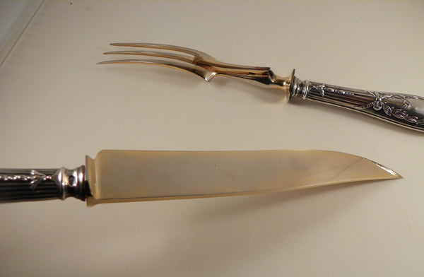 Two Piece Carving Set. Russian 875 Silver Handles. Wreath and Bow Motif. 1909