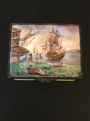 Battersea Enamel Box 18th Century. Ship Scene.