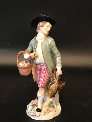 German Meissen Figurine of a Man with Basket of Eggs and Two Birds. 19th C As Is