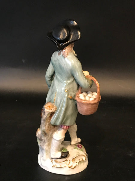 German Meissen Figurine of a Man with Basket of Eggs and Two Birds. 19th C As Is