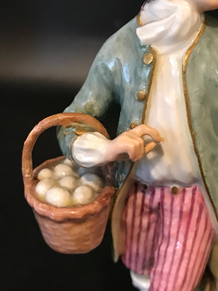 German Meissen Figurine of a Man with Basket of Eggs and Two Birds. 19th C As Is