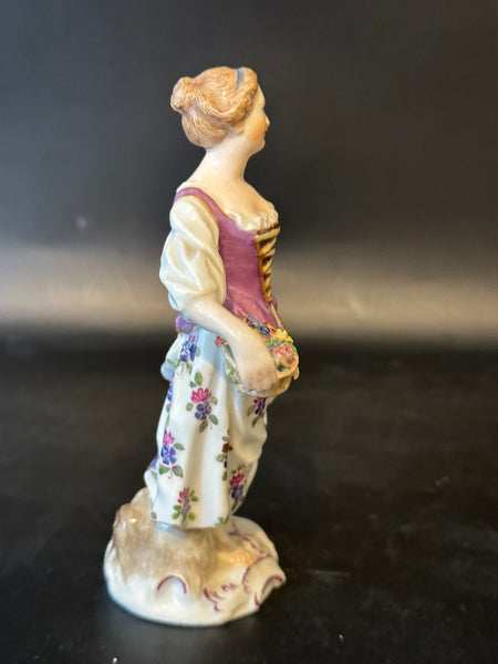 German Meissen Porcelain Figurine of Lady with Basket of Flowers. 5 1/4"